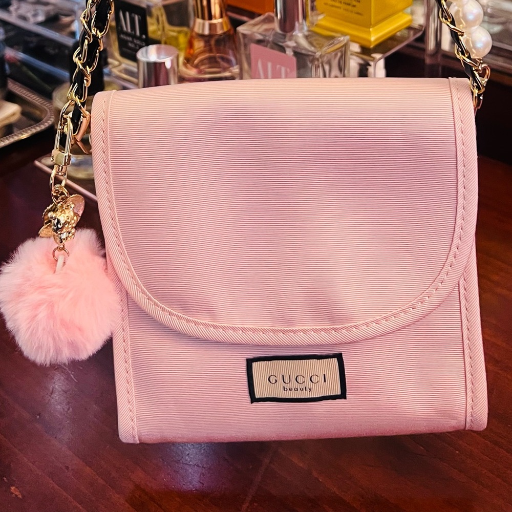 Gucci Pink Satin Chain Crossbody with Pom Pom Charm - Picture 11 of 11